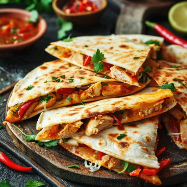 Chicken quesadillas with melted cheese, red peppers, and cilantro, served with salsa and chili.