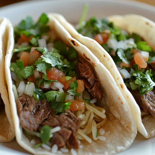 Three delicious carne asada tacos from Taco Rey Coliman, topped with cilantro, onions, and tomatoes.