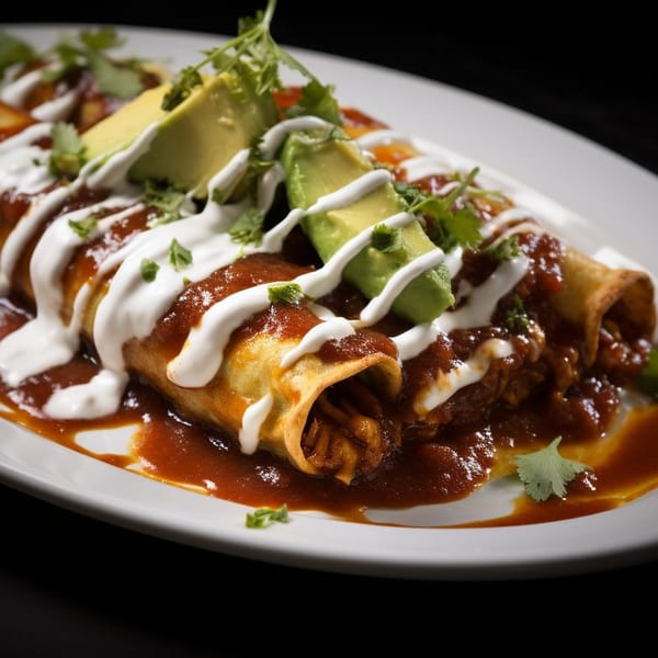 Three enchiladas covered in red sauce, sour cream, avocado slices, and cilantro on a white plate.