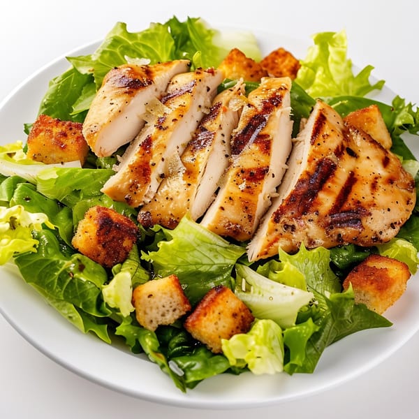 Grilled chicken Caesar salad with croutons and fresh green lettuce on a white plate.