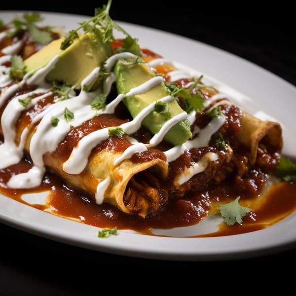Three enchiladas topped with red sauce, sour cream, avocado slices, and cilantro on a white plate.